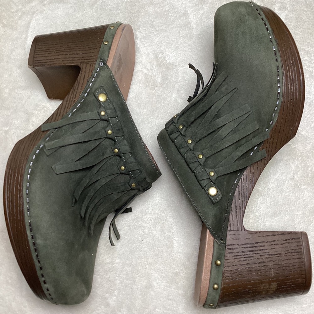 Dansko Maria Olive Green Nubuck Leather Fringe Clog Mules Studded Platform 42 - Picture 7 of 9